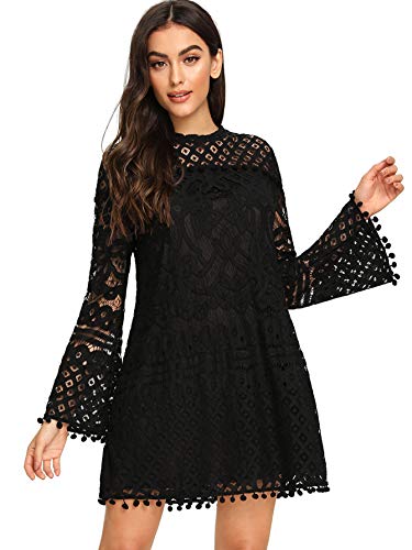 SheIn Women\s Crochet Pom-Pom Sheer Lace Bell Sleeve Dress Small Black ...
